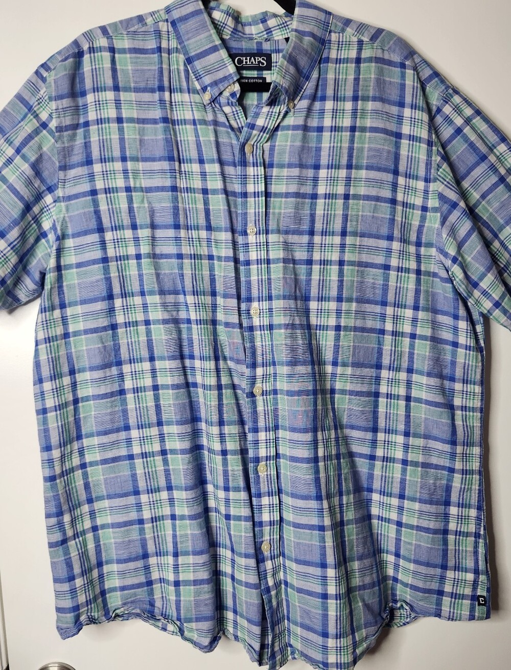 Chaps Men XXL Short Sleeve Linen Cotton Plaid Button Down Shirt Vacation Summer